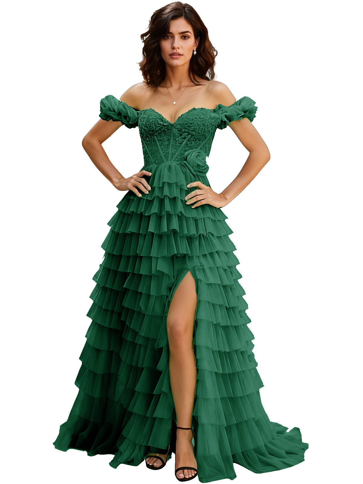 Off Shoulder Tulle Ball Gown Prom Dress with Ruffle Sleeves and Slit