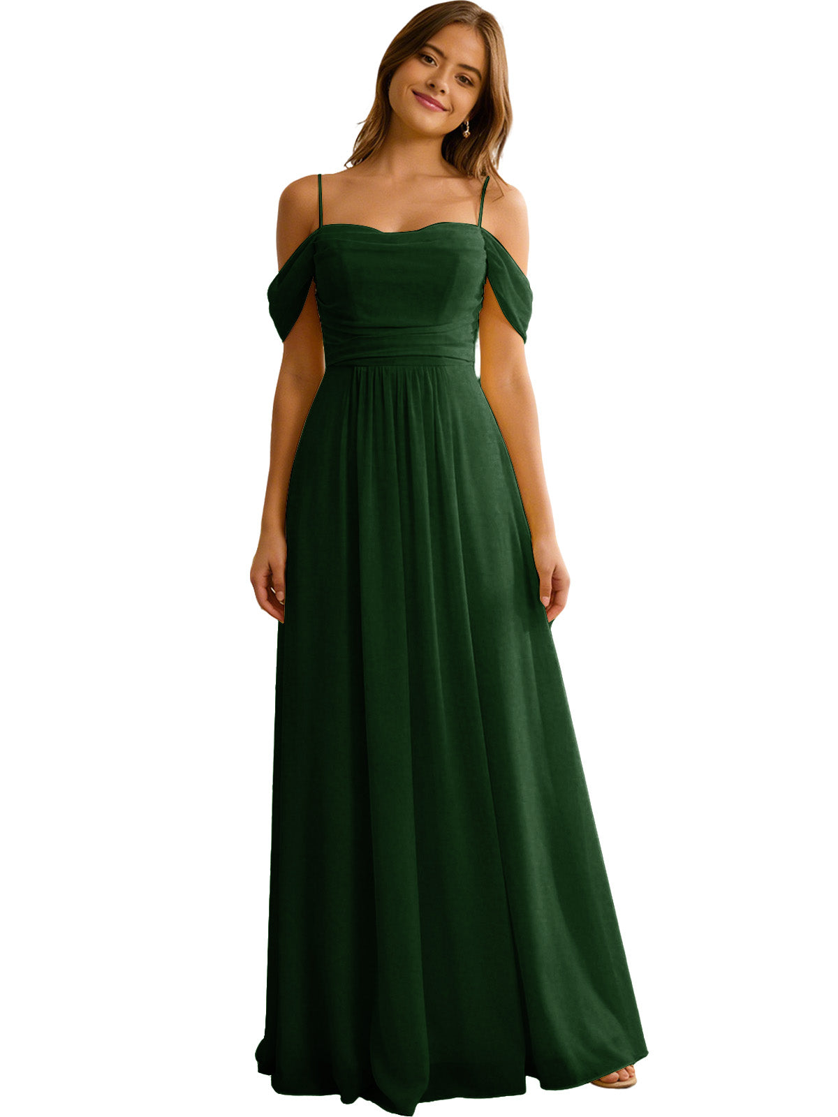 Off Shoulder Chiffon Bridesmaid Dress with Soft Pleated Bodice