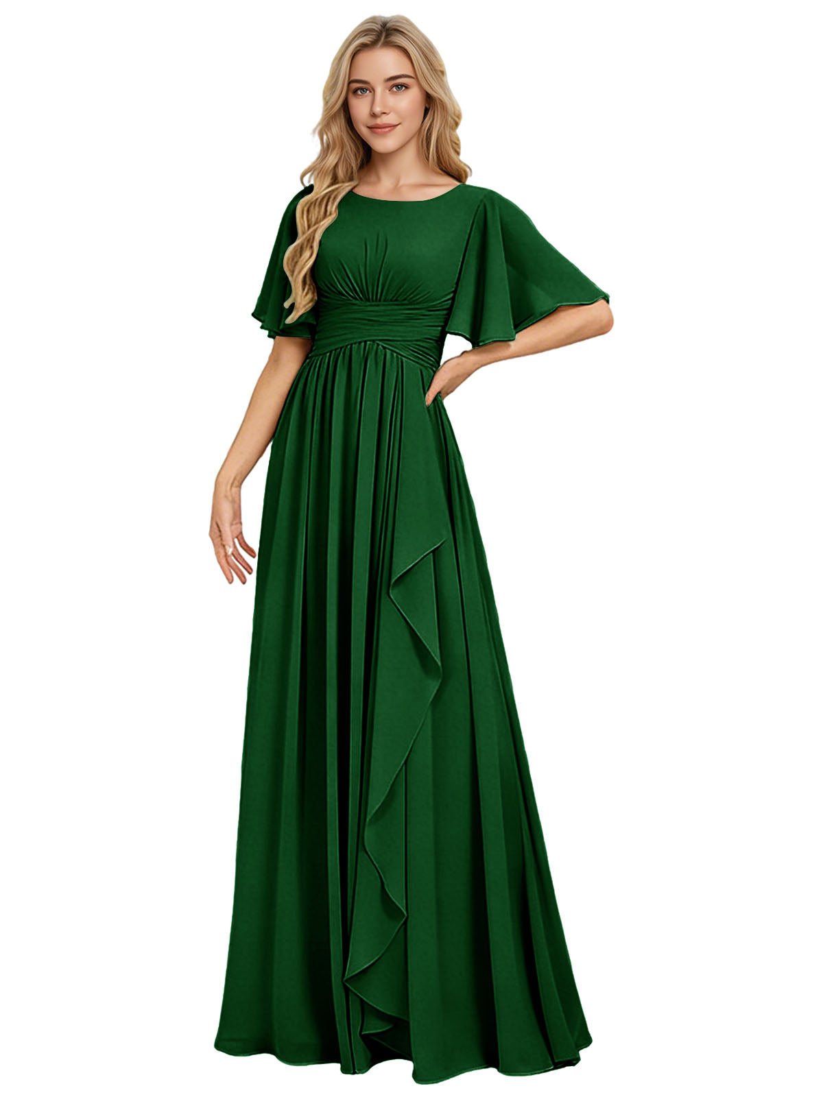 Flutter Sleeve Chiffon Bridesmaid Dress with Tiered Front Ruffle
