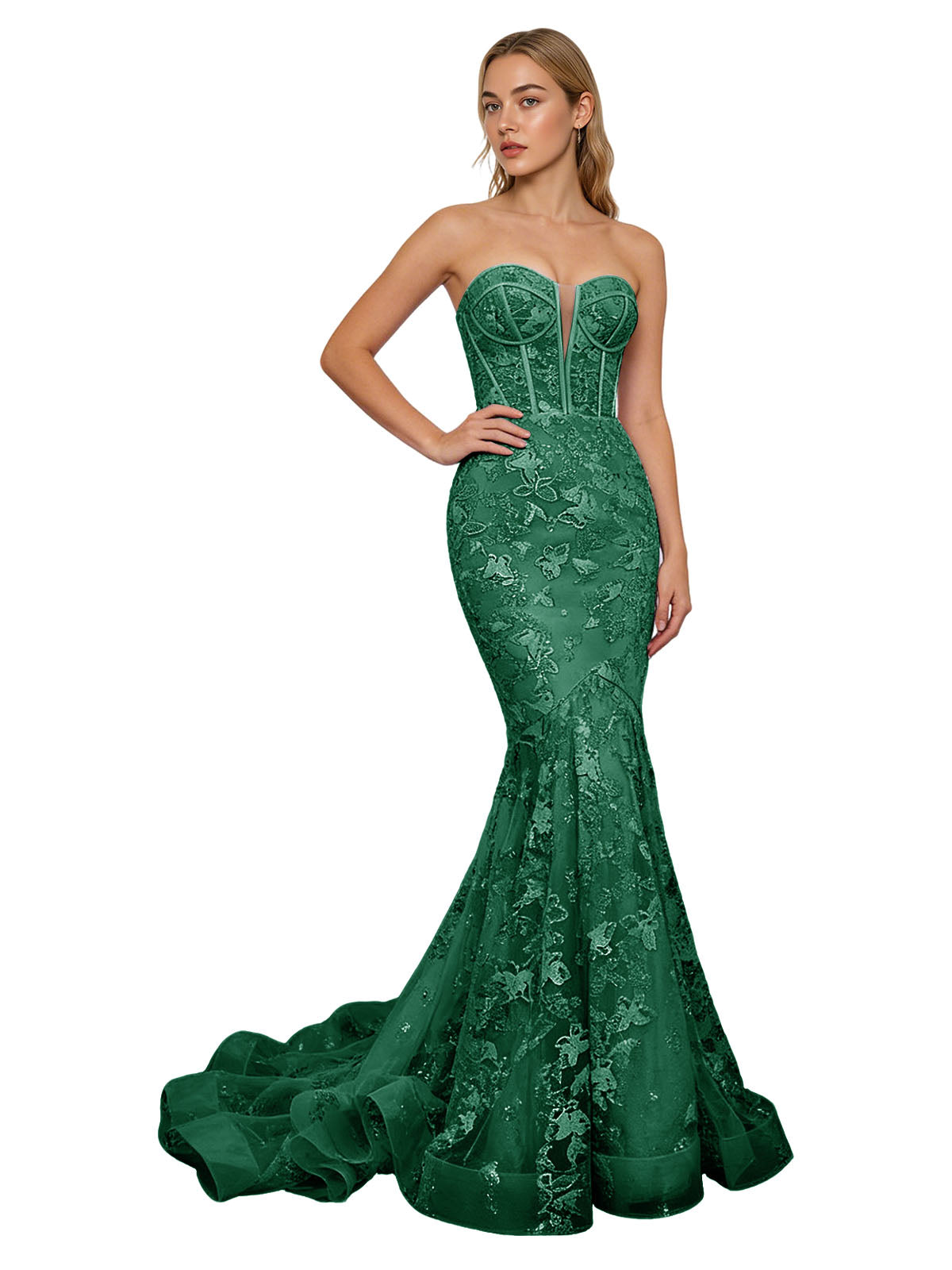 Strapless Lavender Lace Mermaid Prom Dress with Sheer Corset and Train