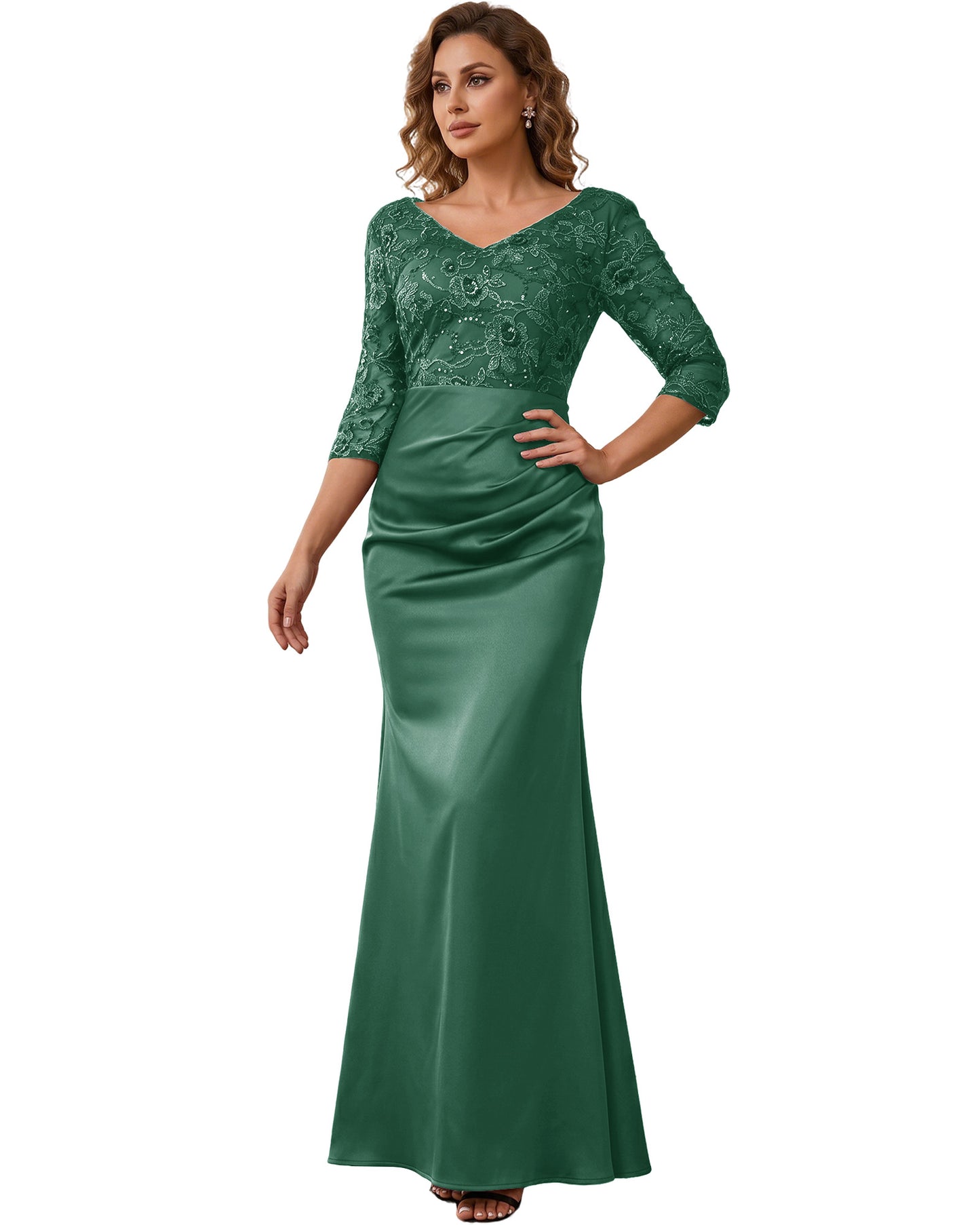 Mother of the Bride Dress Long Lace Mermaid Formal Gown with 3/4 Sleeves
