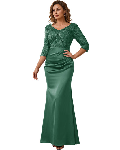 Mother of the Bride Dress Long Lace Mermaid Formal Gown with 3/4 Sleeves