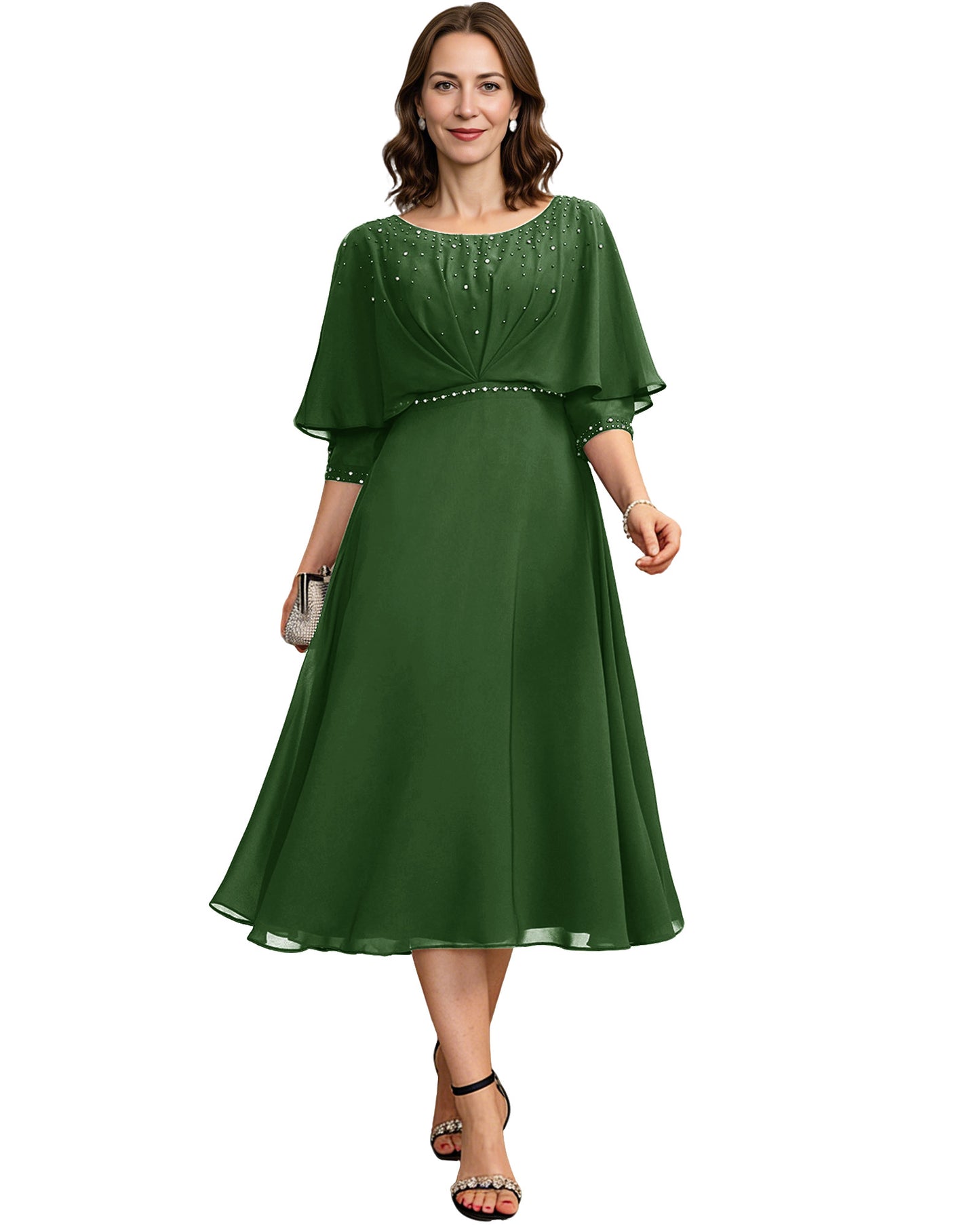Beaded Cape Mother of the Bride Dress Tea Length Chiffon A-Line Formal Guest Gown