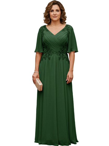 Mother of the Bride Dress Long Chiffon A-Line Gown with Flutter Sleeves and Beaded Lace