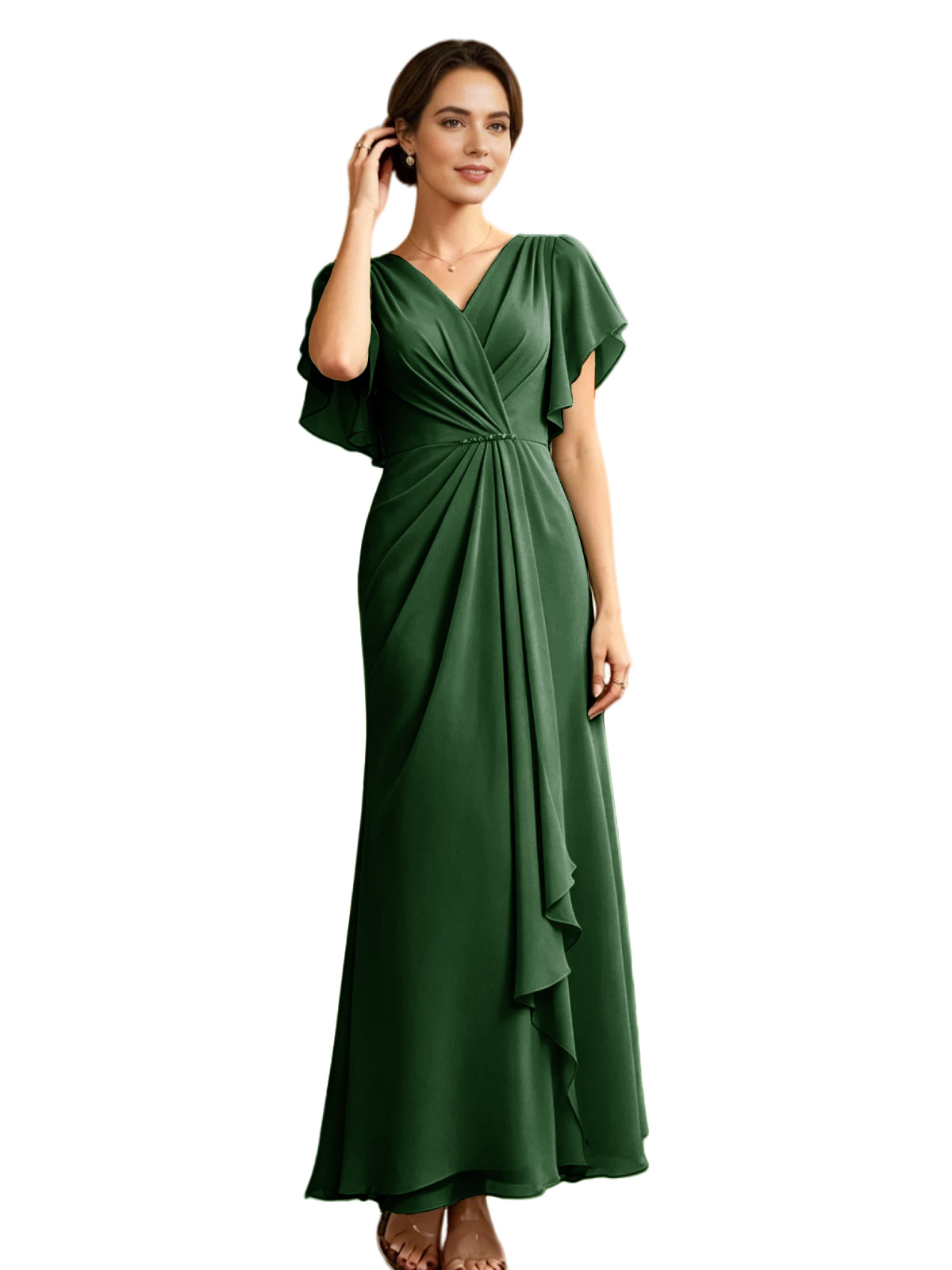 Long Chiffon Mother of the Bride Dress V-Neck Flutter Sleeve A-Line Gown with Beaded Waist