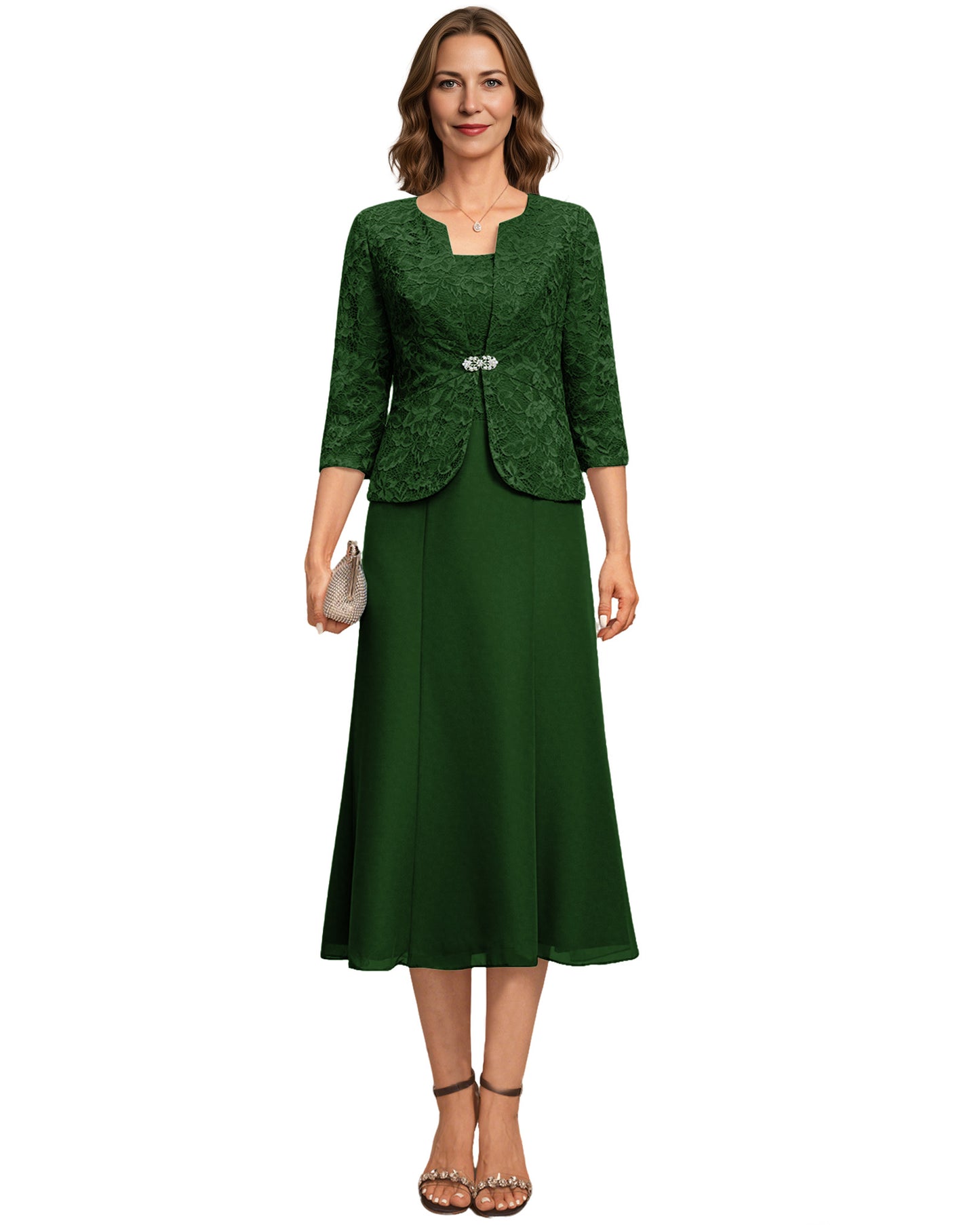Tea Length Mother of the Bride Dress Lace Jacket Chiffon A-Line Wedding Guest Outfit
