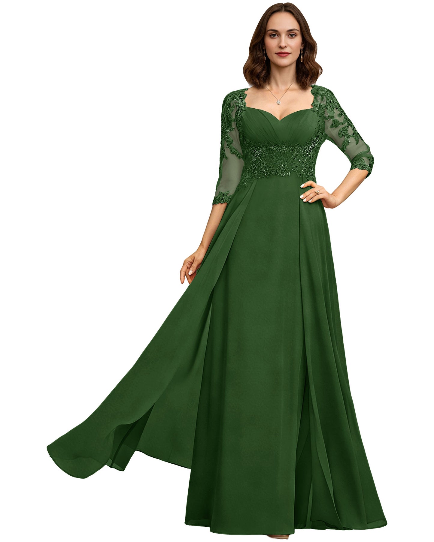 Long Sweetheart Mother of the Bride Dress Lace 3/4 Sleeve Chiffon A-Line Gown