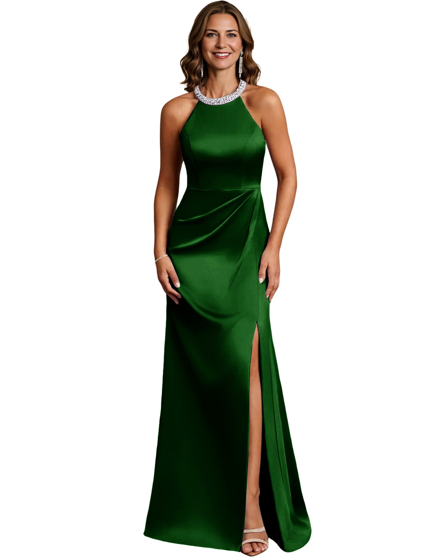 Halter Neck Mother of the Bride Dress Satin Mermaid Gown with Beaded Collar and Slit