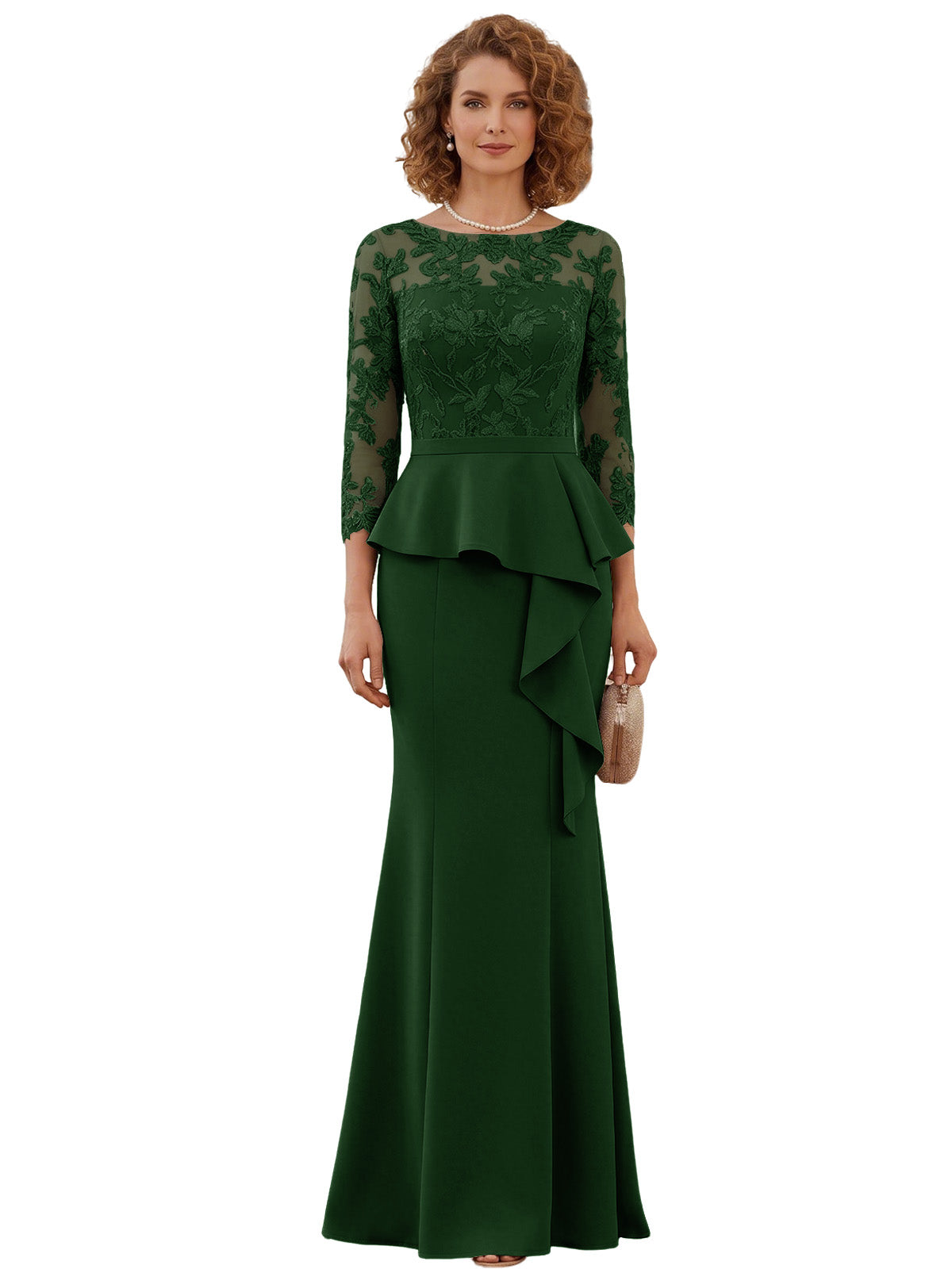 Long Mother of the Bride Dress Lace Illusion Bodice Peplum Mermaid Formal Evening Gown