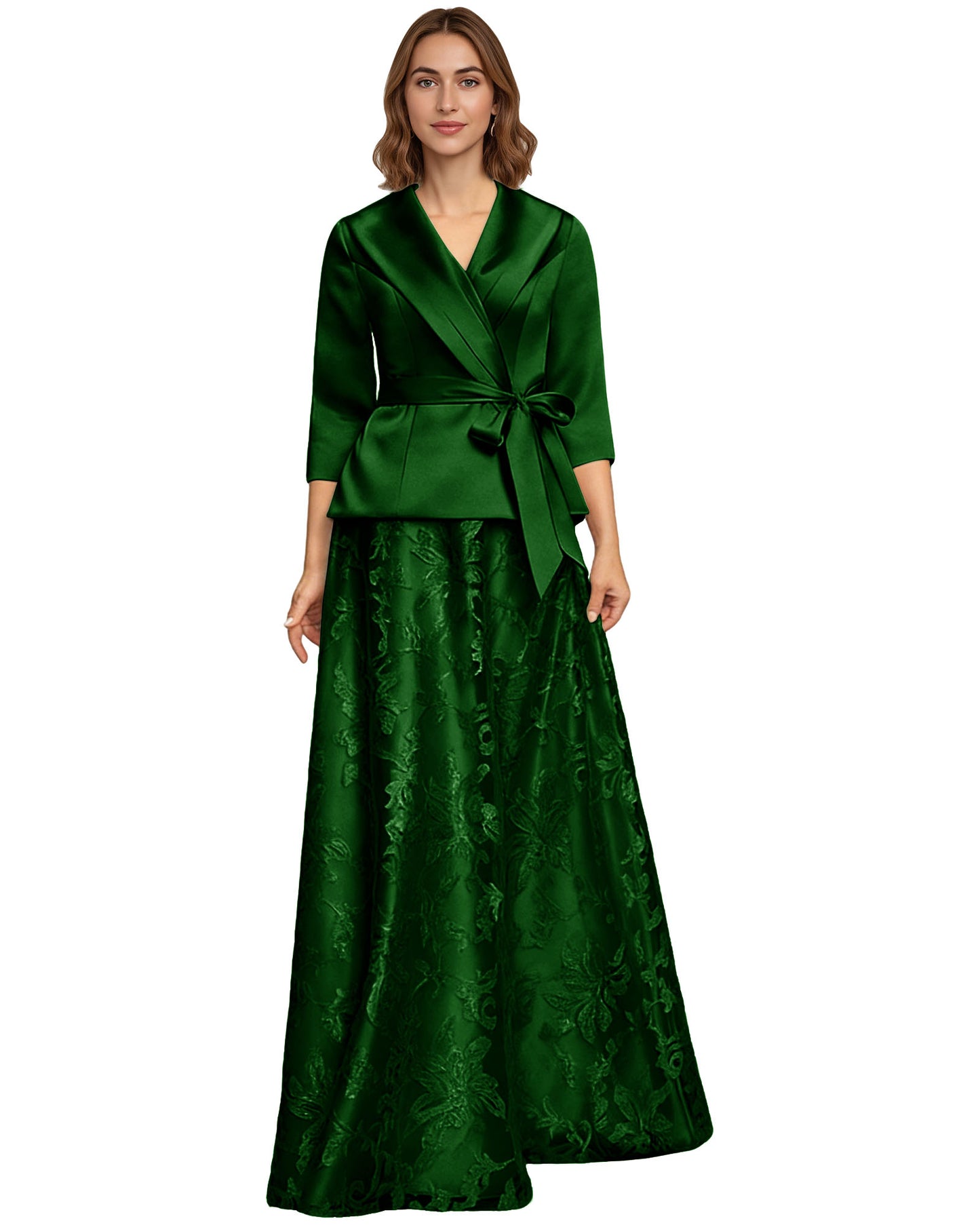 Two Piece Mother of the Bride Dress Satin Wrap Top Embroidered Long Skirt Formal Set