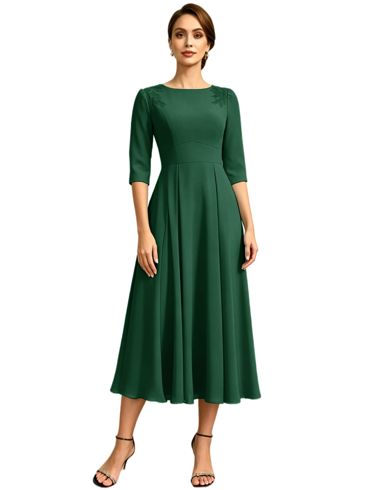 Tea Length Mother of the Bride Dress Jewel Neck Chiffon A-Line Formal Gown with Embroidery