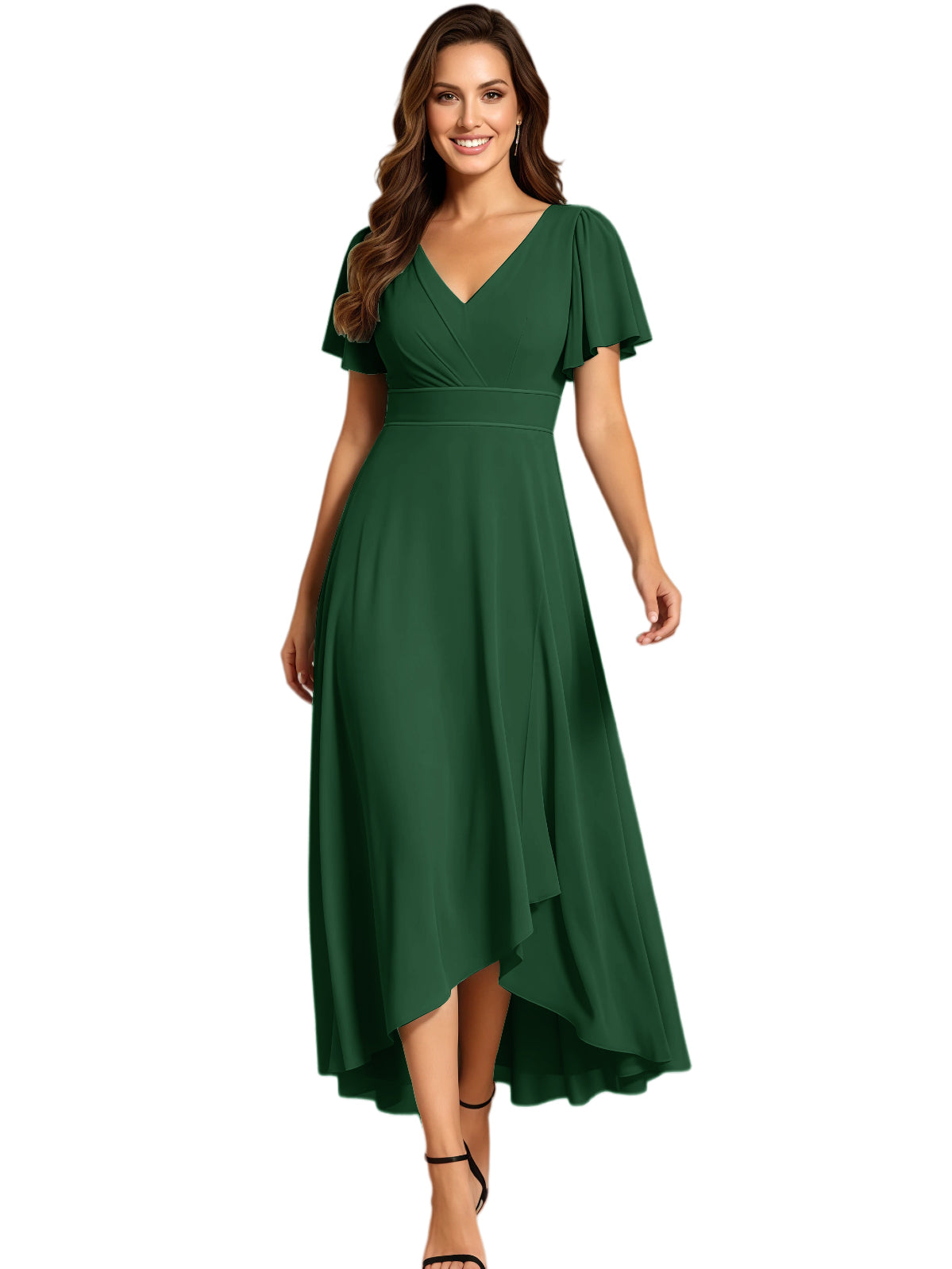 High Low Mother of the Bride Dress V-Neck Flutter Sleeve Chiffon Formal Gown