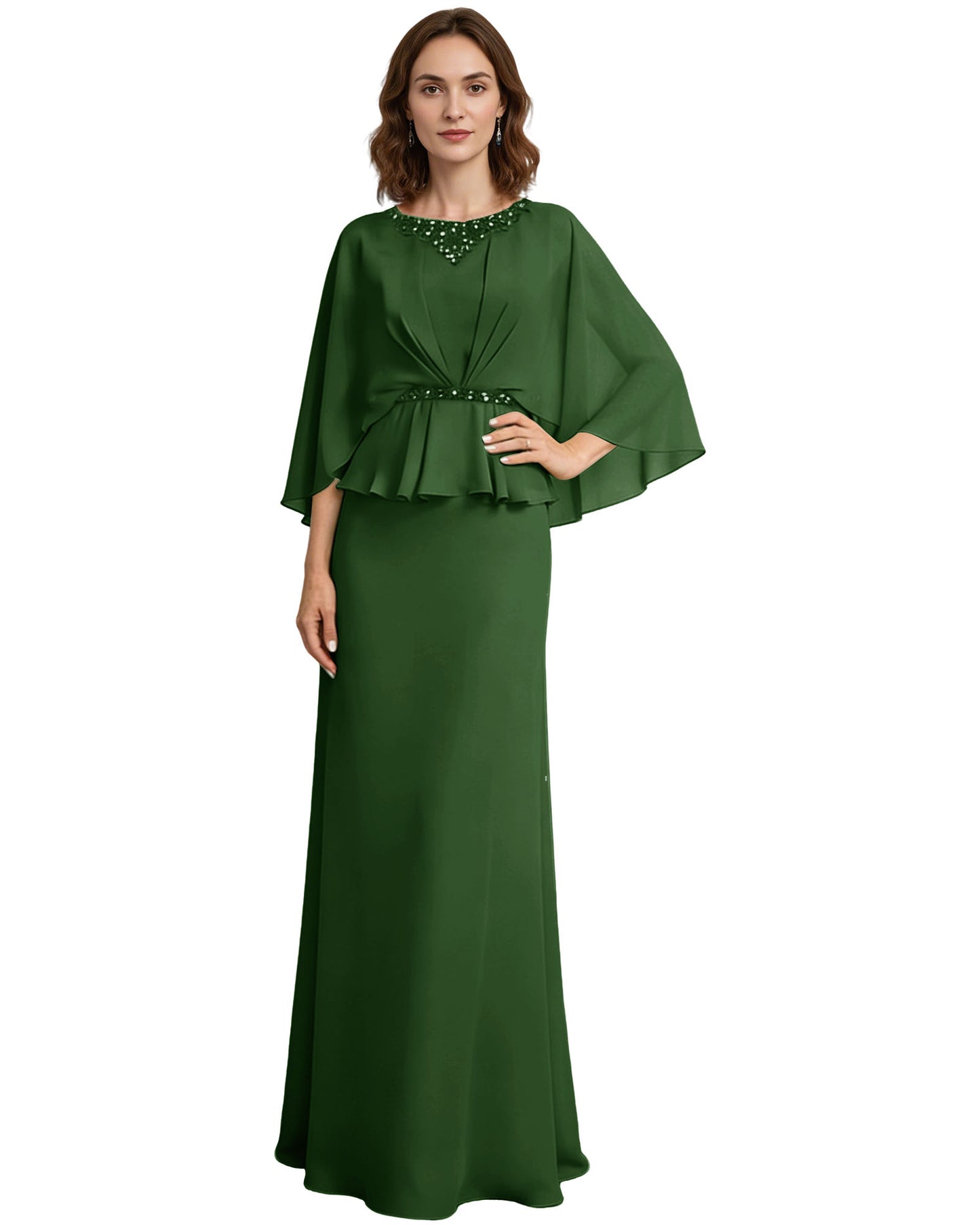 Capelet Mother of the Bride Dress Long Beaded Neck Peplum Chiffon Formal Gown