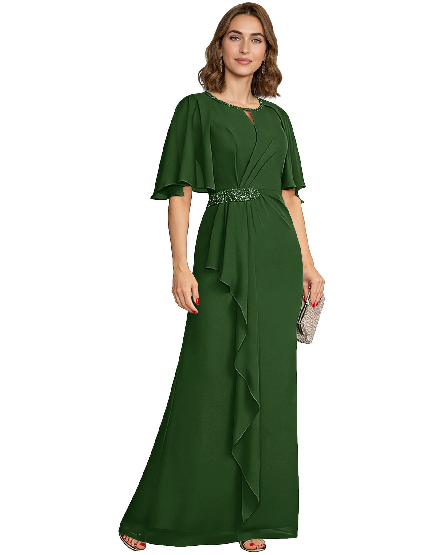 Long Mother of the Bride Dress Chiffon Flutter Sleeve Beaded Waist Formal A-Line Gown