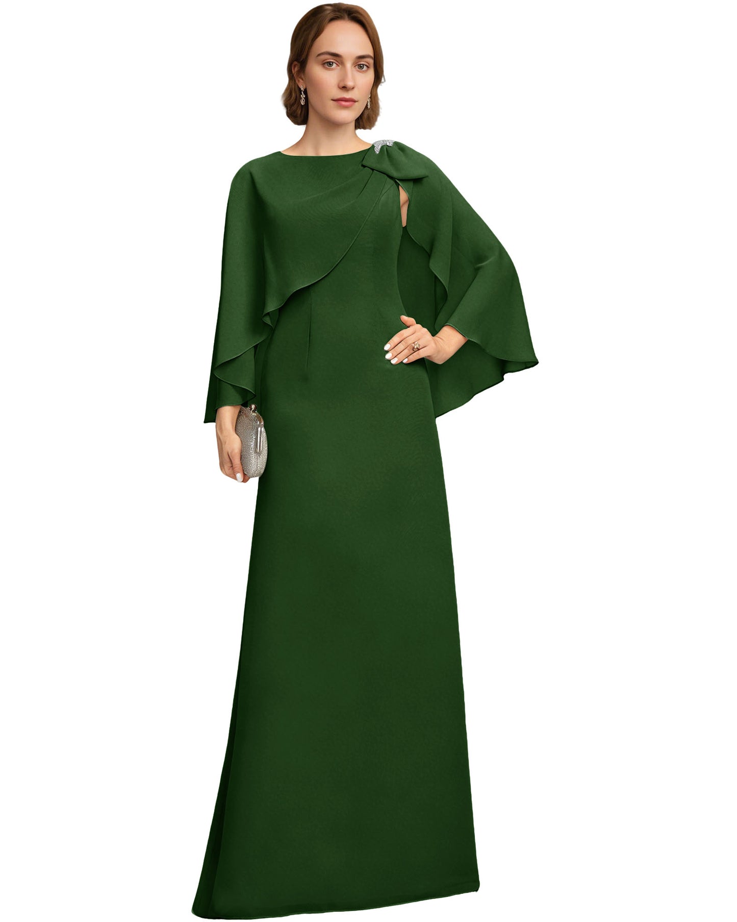 Long Cape Sleeve Mother of the Bride Dress Jewel Neck Chiffon Column Gown with Bow Detail