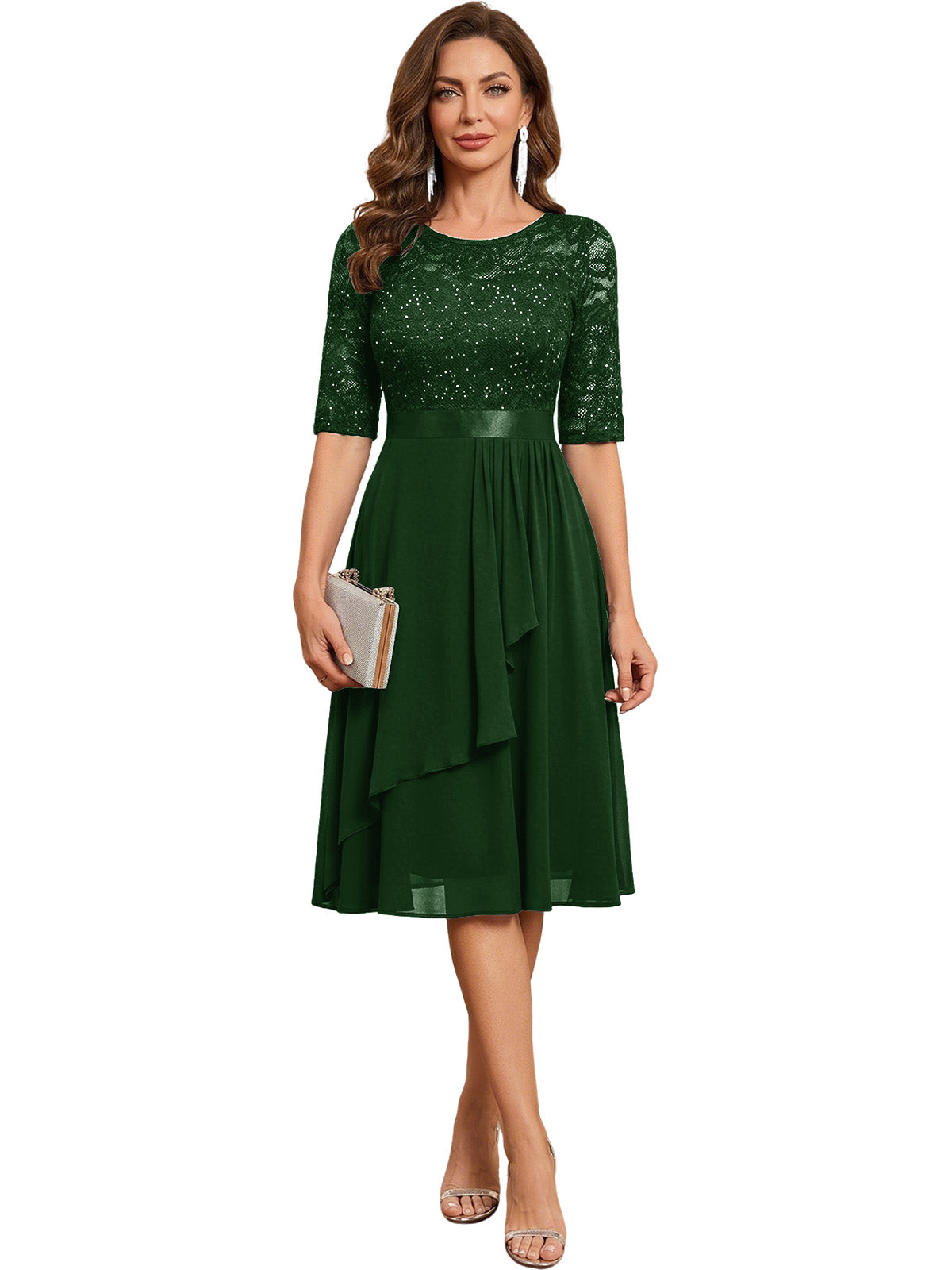 Knee Length Mother of the Bride Dress Sequined Lace Bodice Chiffon Skirt Formal Guest Outfit