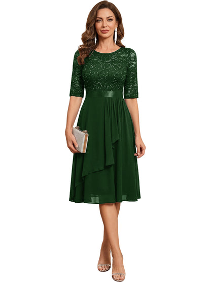 Emerald Green Knee Length Mother of the Bride Dress Sequined Lace Bodice Chiffon Skirt Formal Guest Outfit color option