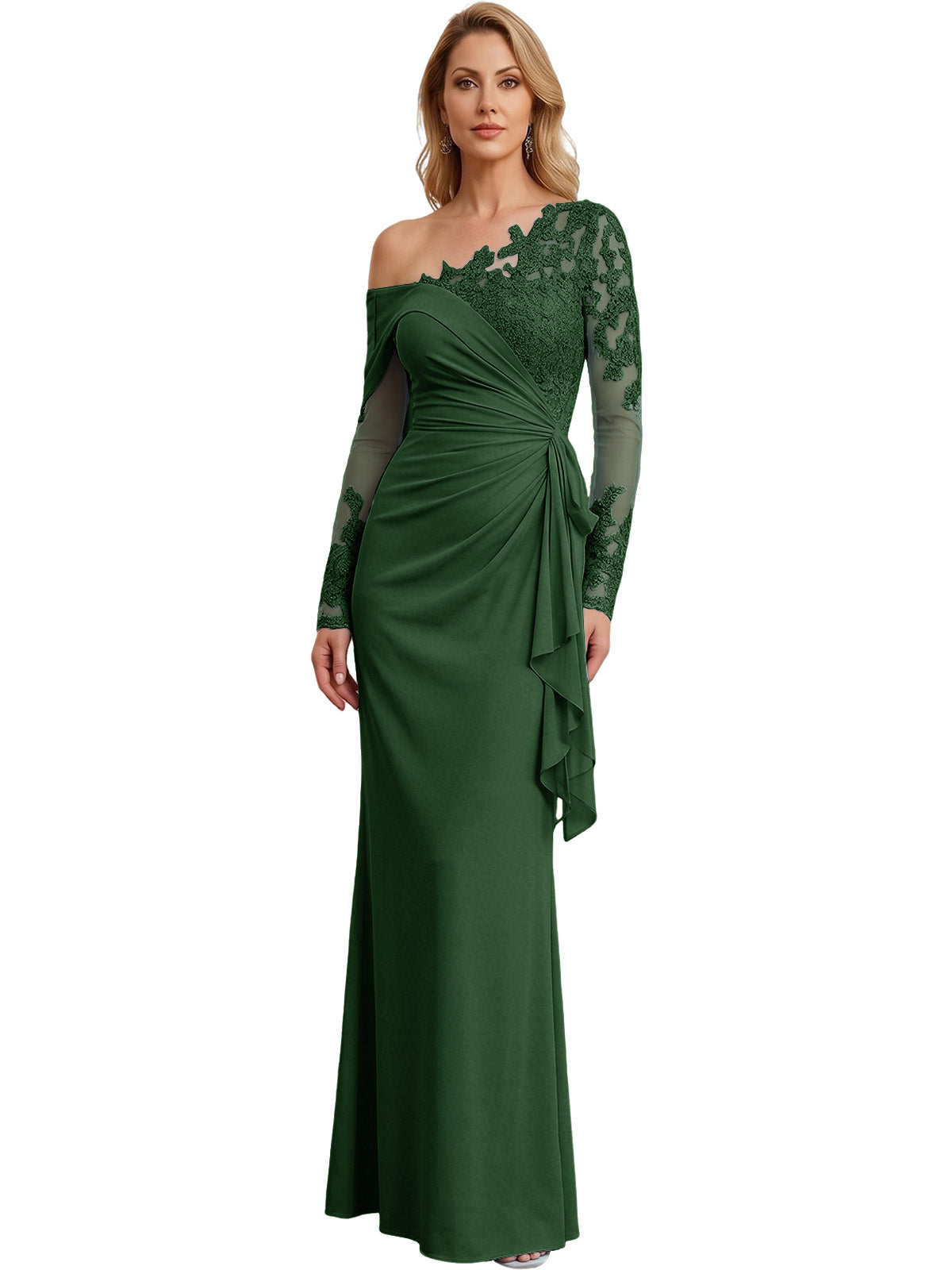 One Shoulder Mother of the Bride Gown Long Lace Sleeve Mermaid Dress with Draped Ruffle