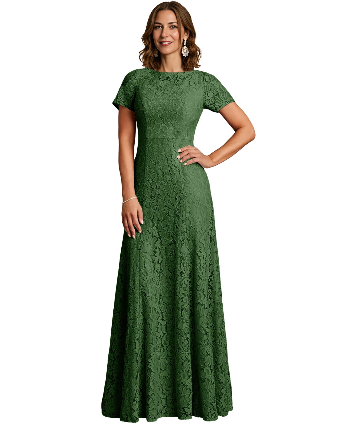 Long Lace Mother of the Bride Dress Short Sleeve Mermaid Gown with Crew Neckline