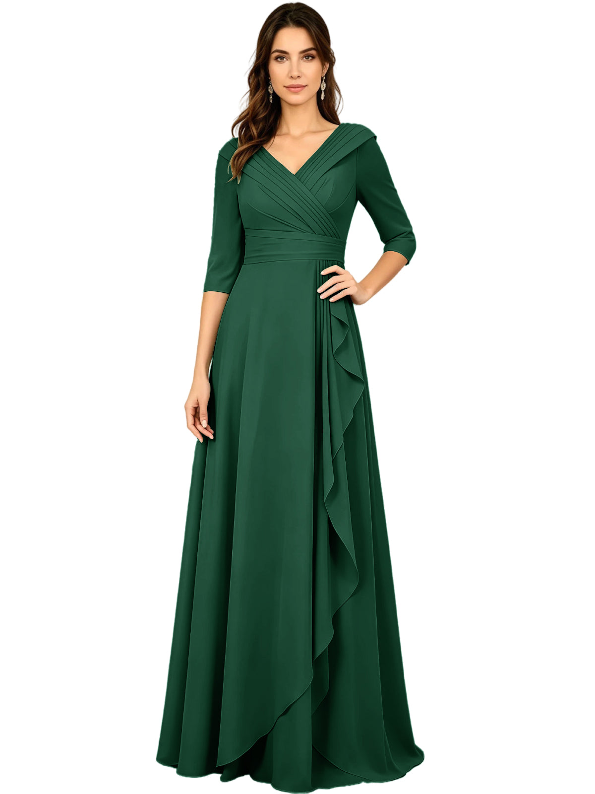 Long V-Neck Mother of the Bride Dress Chiffon Half Sleeve A-Line Gown with Side Ruffle