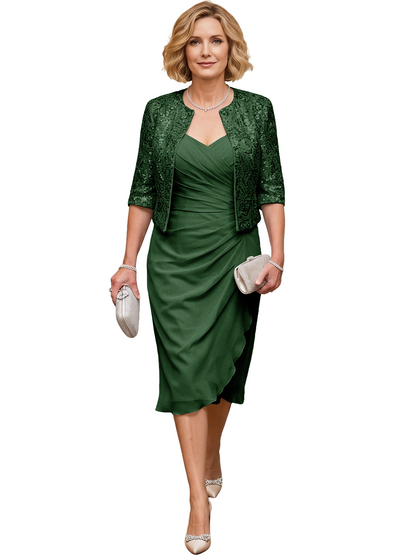 Mother of the Bride Dress with Jacket Tea Length Ruched Chiffon Wedding Guest Outfit