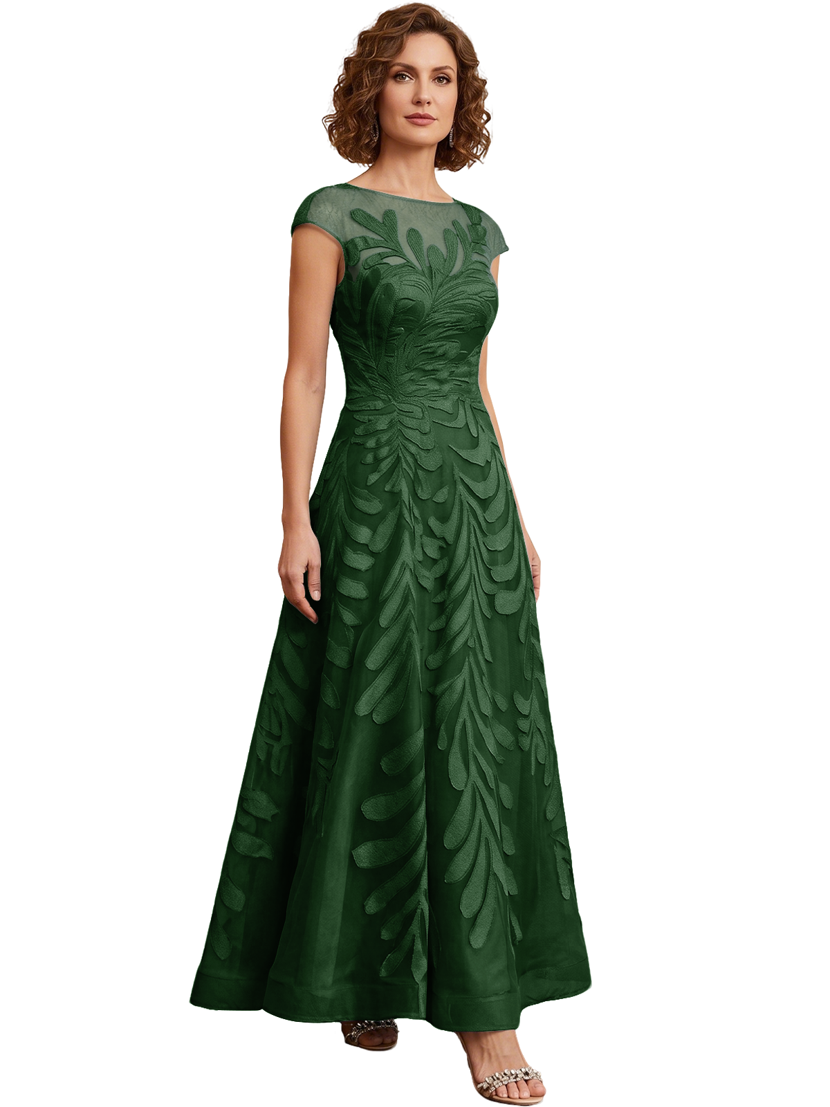 Embroidered Tulle Mother of the Bride Dress Long A-Line Gown with Illusion Cap Sleeves