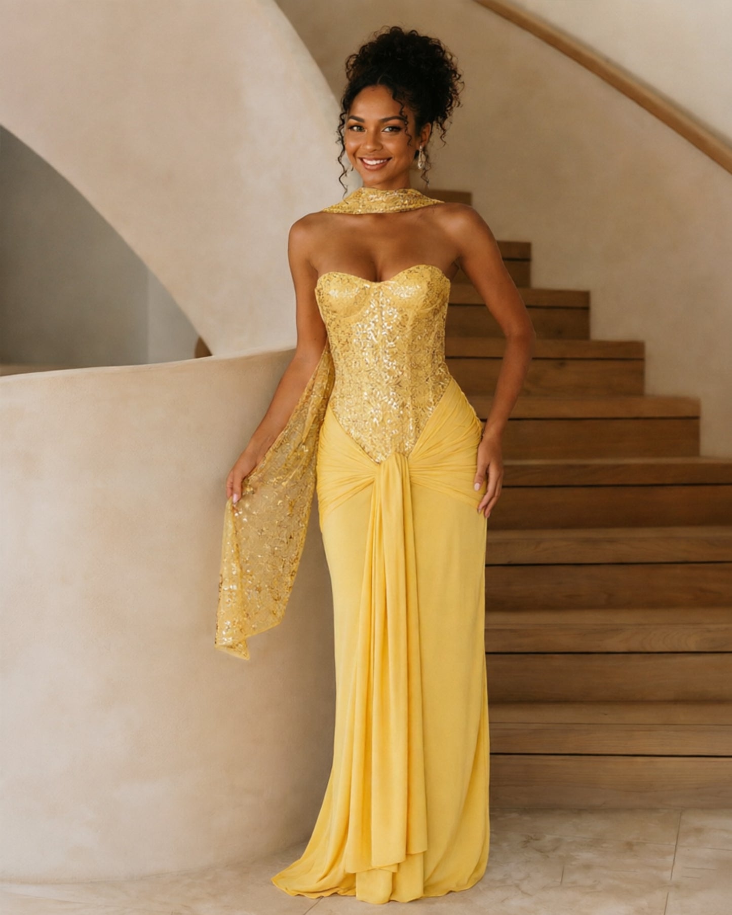 Strapless Sequin Corset Jersey Prom Dress with Draped Scarf Detail