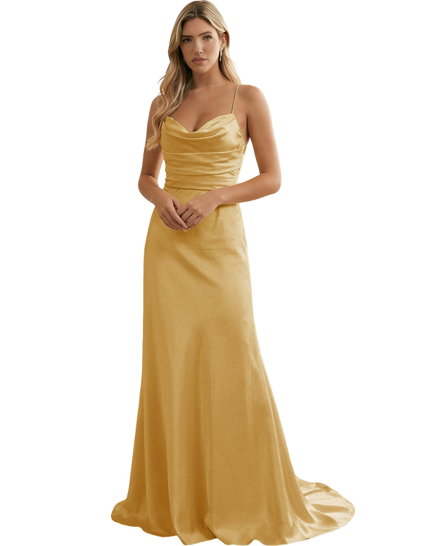 Spaghetti Straps Ruched Satin Floor Length Bridesmaid Dress