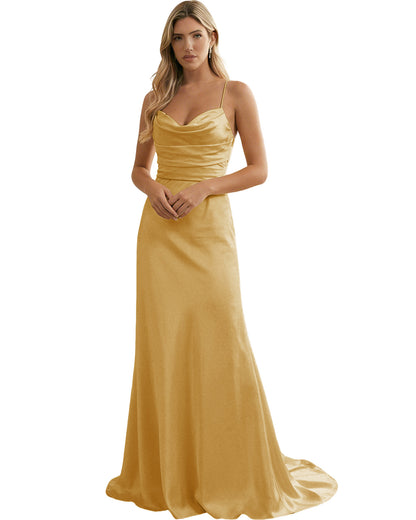 Spaghetti Straps Ruched Satin Floor Length Bridesmaid Dress
