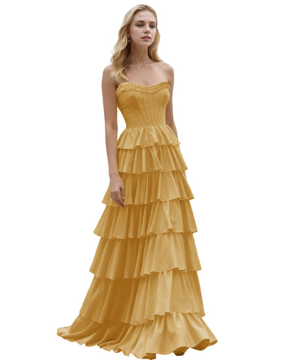 Strapless Tiered Ruffle A-Line Prom Dress with Corset Bodice