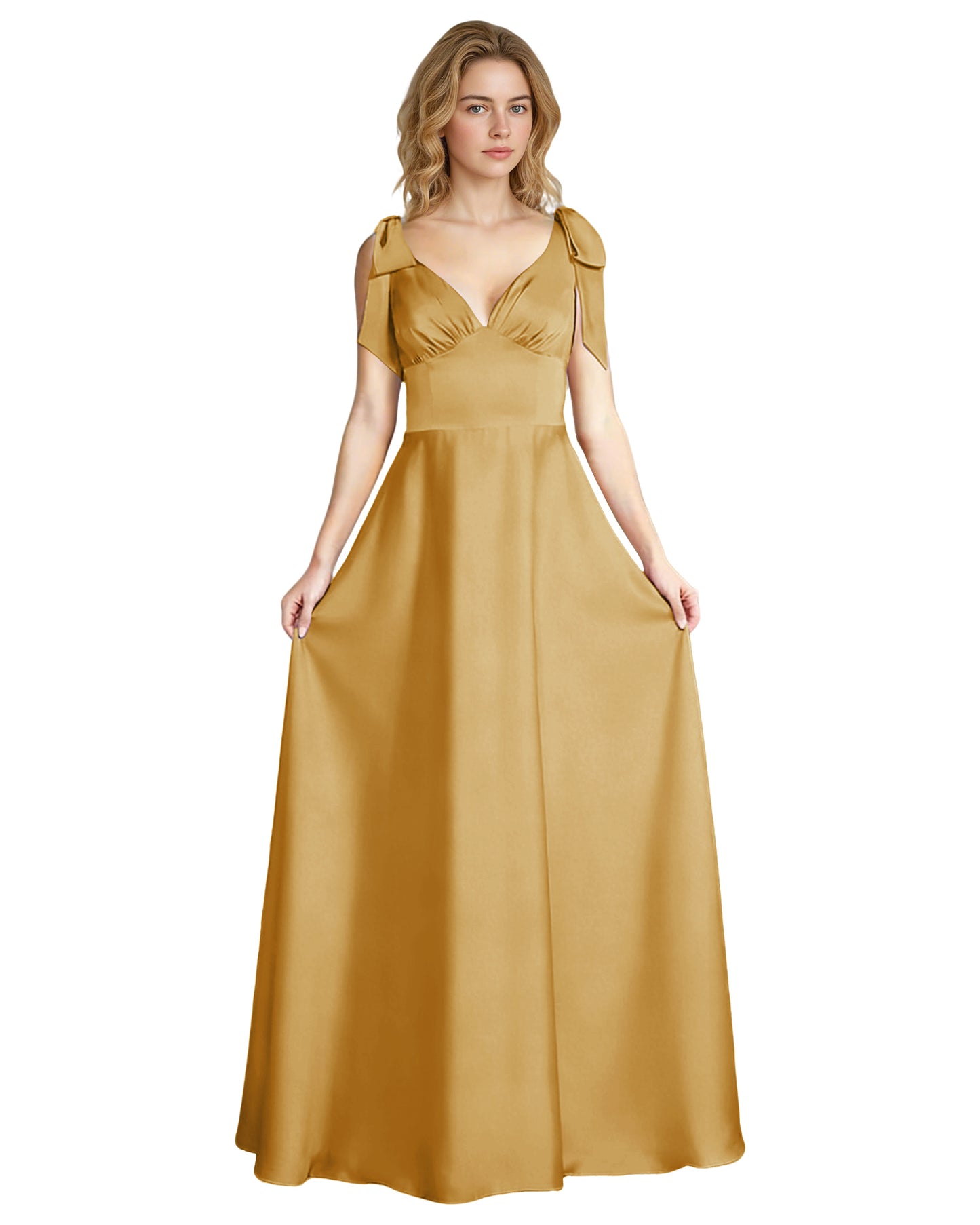 V-Neck Bow Strap Satin Bridesmaid Dress with Empire Waist