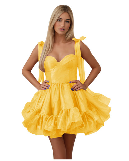 Bow Shoulder Satin Corset Ruffle Homecoming Dress