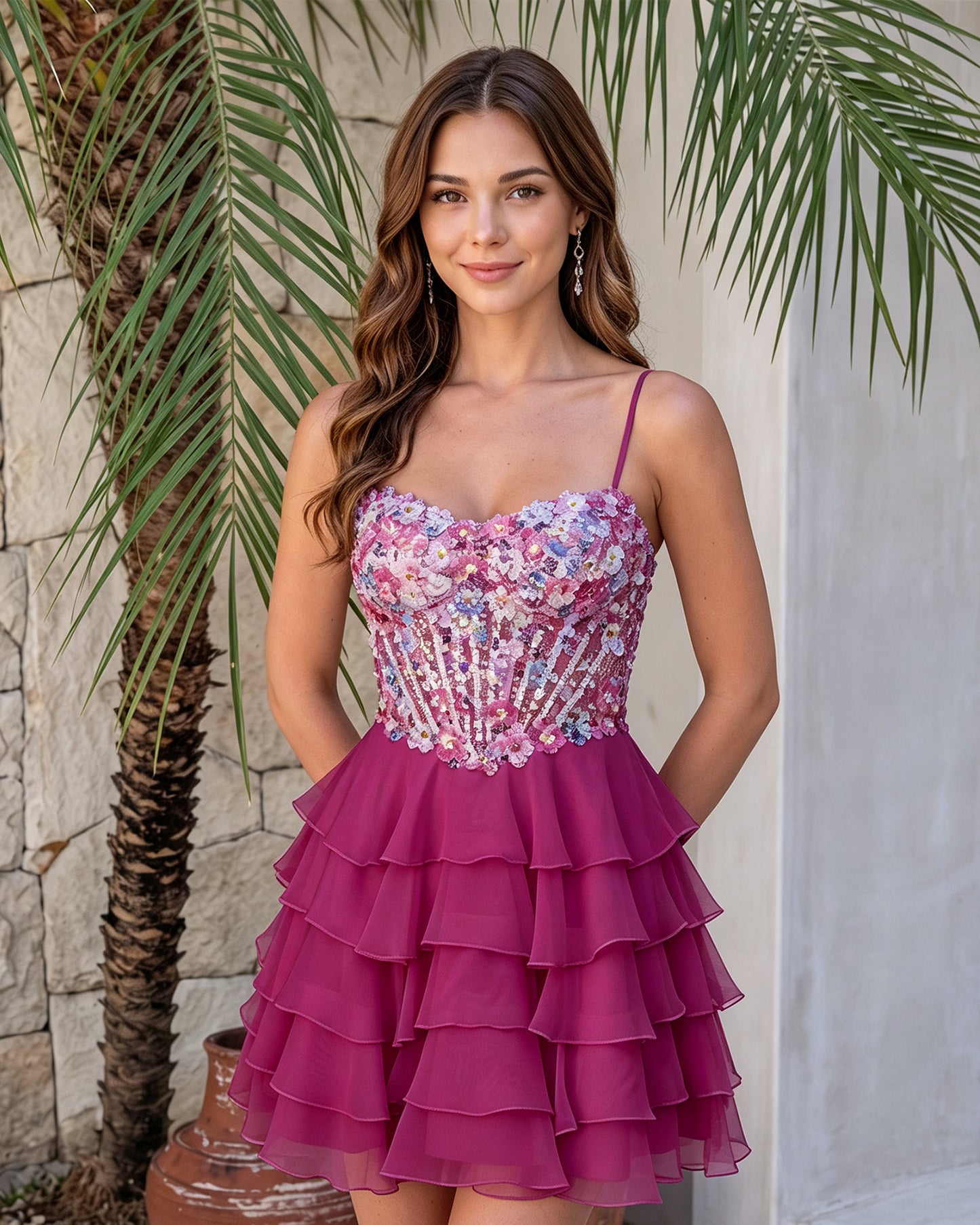Spaghetti Strap Floral Embroidered Corset Ruffle Mini Homecoming Dress