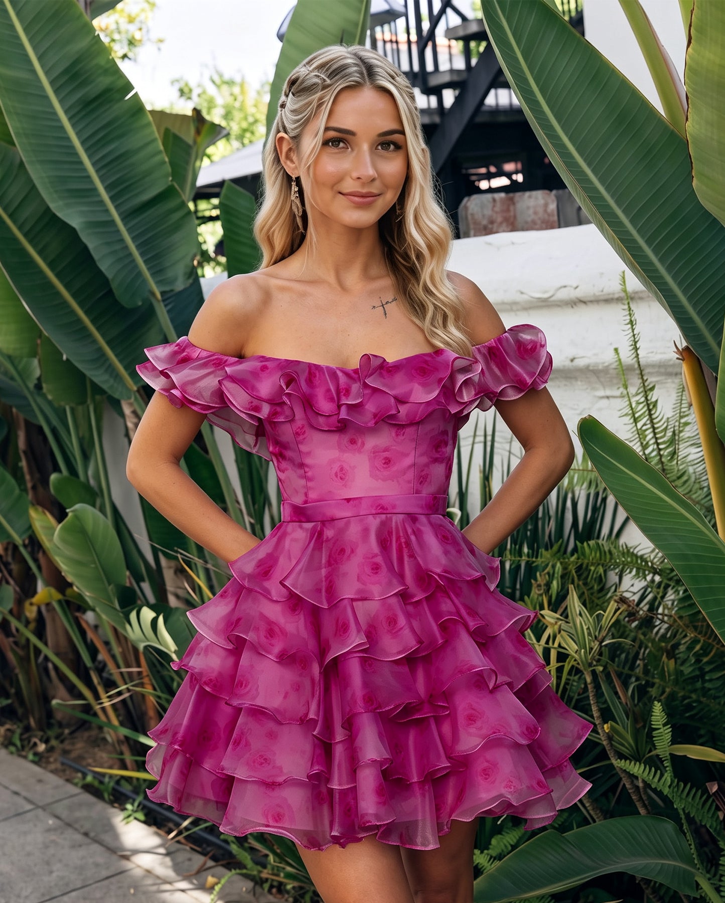 Off-Shoulder 3D Floral Ruffle A-Line Mini Homecoming Dress