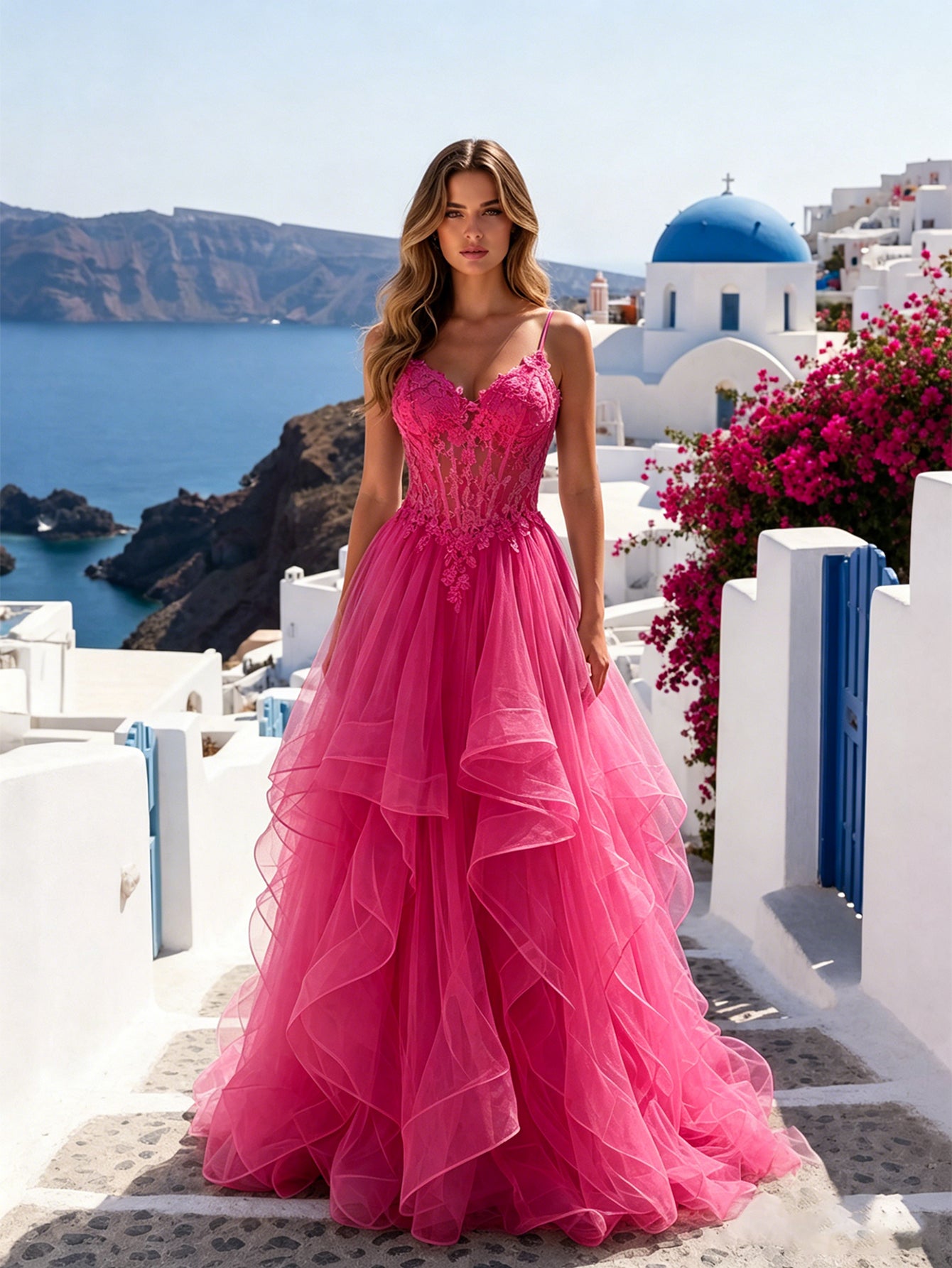 Spaghetti Strap Lace Corset Tulle Prom Dress with Ruffle Skirt
