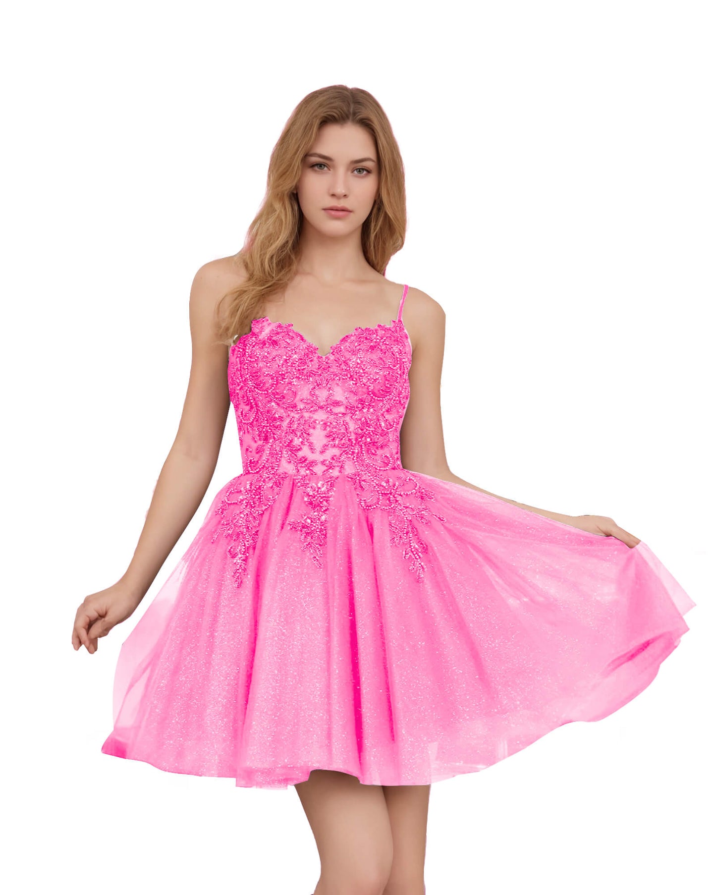 Spaghetti Strap Beaded Corset Glitter Tulle Homecoming Dress