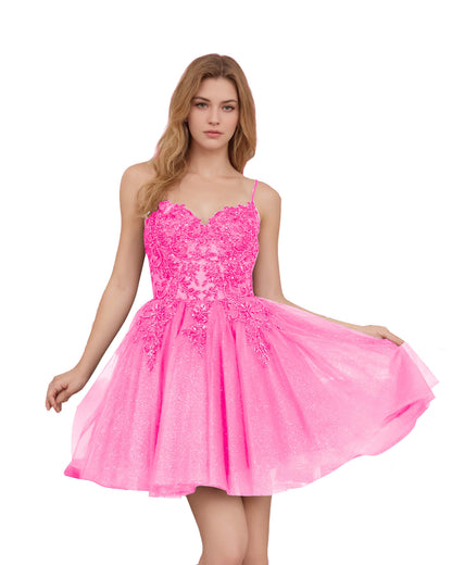Spaghetti Strap Beaded Corset Glitter Tulle Homecoming Dress