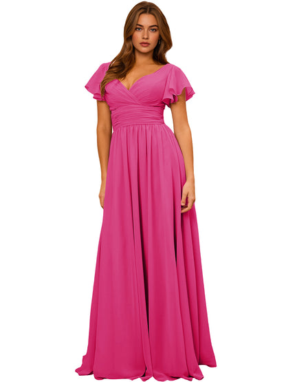 V-Neck Flutter Sleeve Chiffon Bridesmaid Dress with Empire Waist