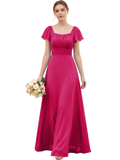 Square Neck Chiffon Bridesmaid Dress with Flutter Sleeves and Lace-Up Back