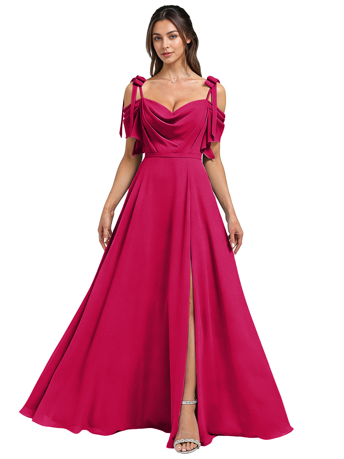 Cowl Neck Cold Shoulder Bridesmaid Dress with High Slit Chiffon Dress