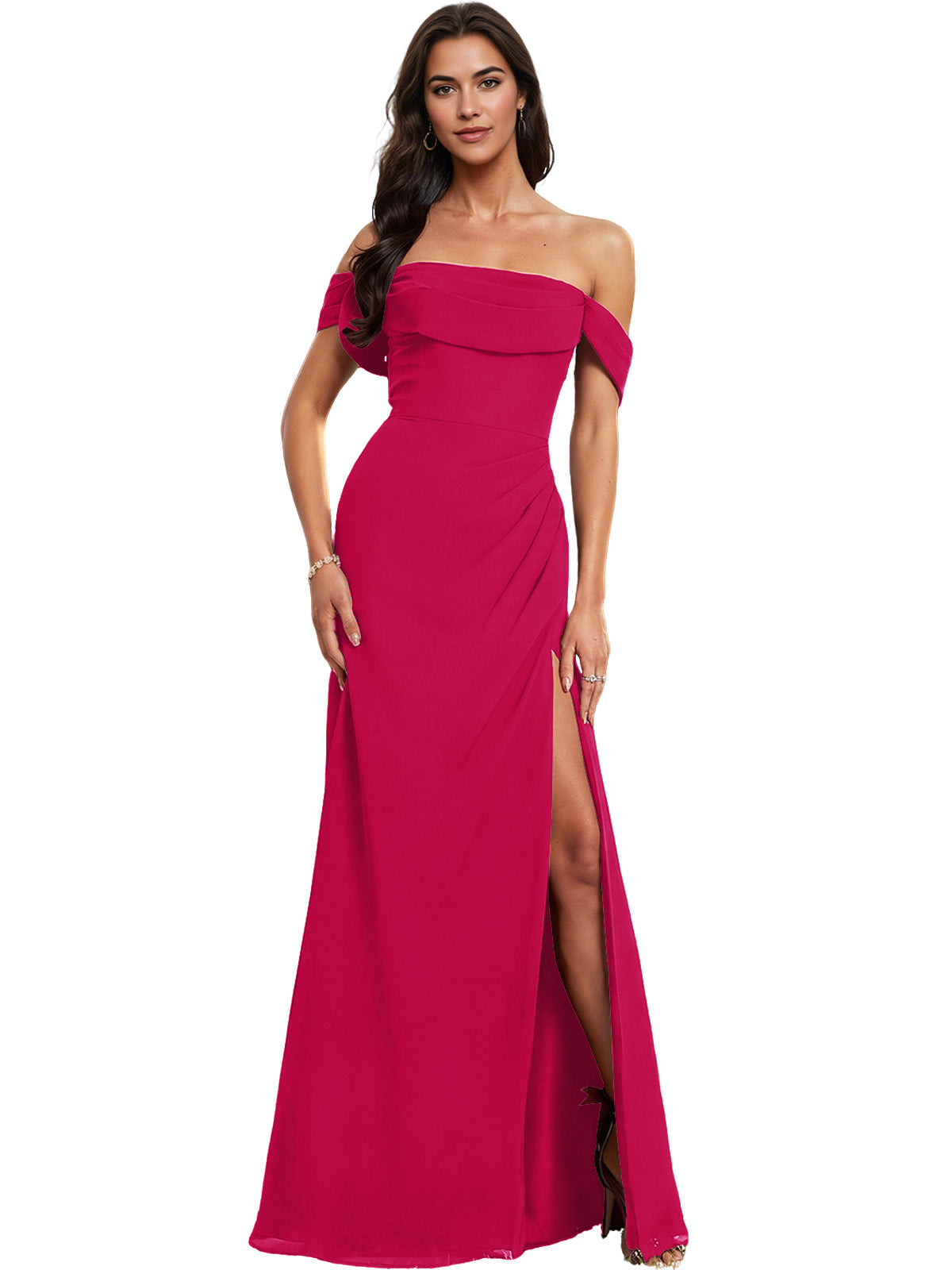 Off Shoulder Crepe Bridesmaid Dress with Foldover Neckline and Slit
