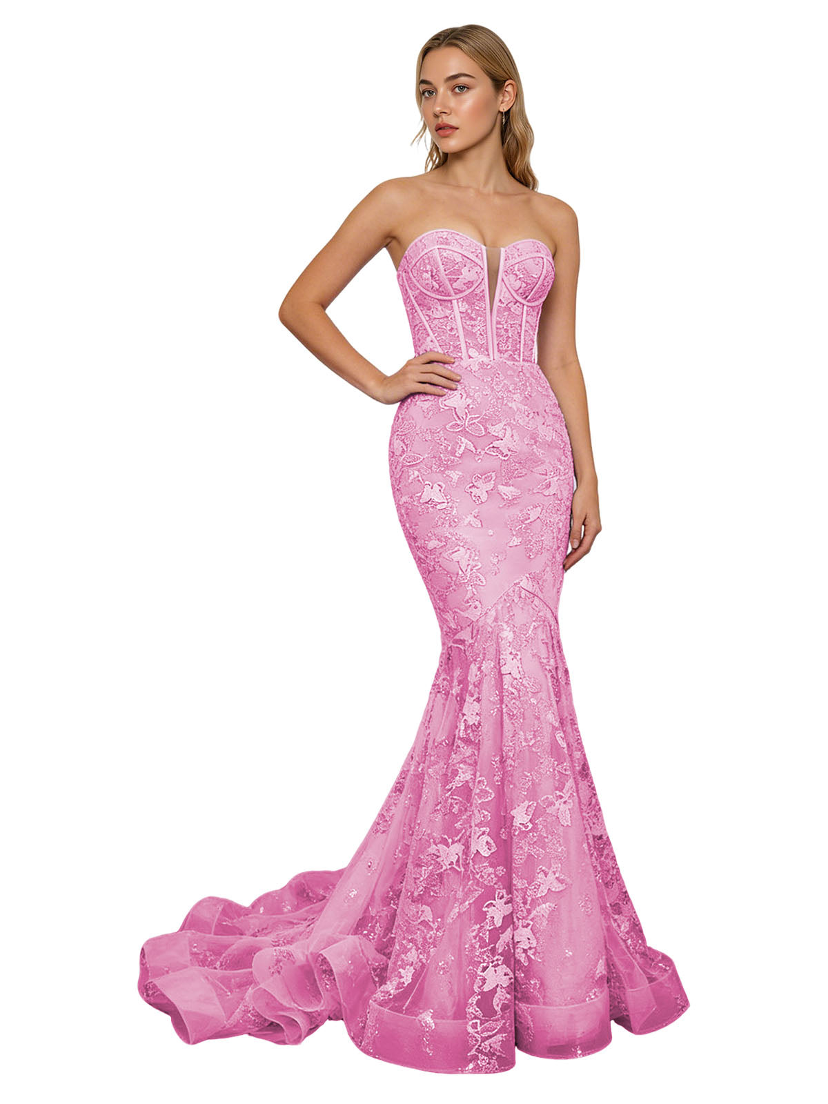 Strapless Lavender Lace Mermaid Prom Dress with Sheer Corset and Train