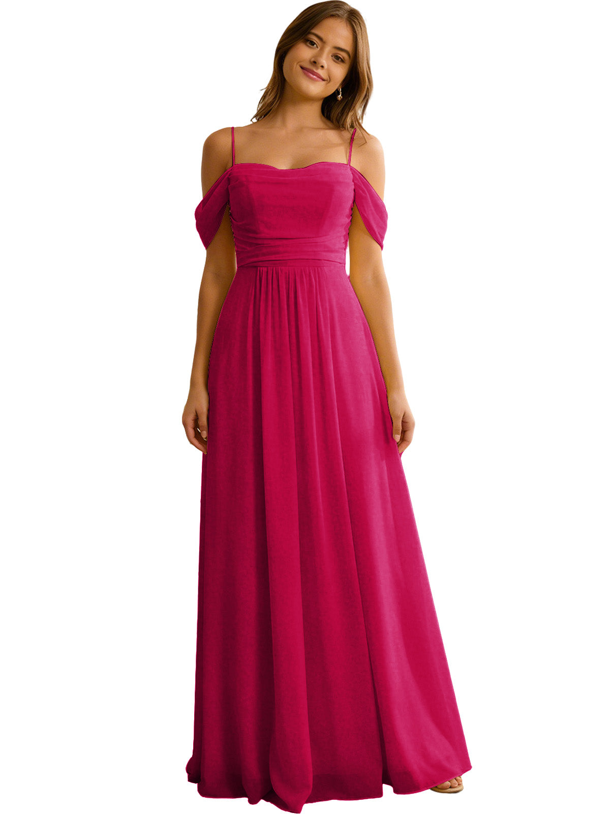 Off Shoulder Chiffon Bridesmaid Dress with Soft Pleated Bodice