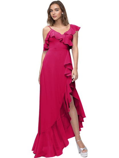 Asymmetrical Ruffle Chiffon Bridesmaid Dress with High Low Slit