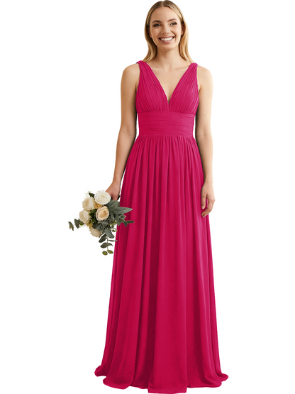 Deep V-Neck Chiffon Bridesmaid Dress with Pleated Waist