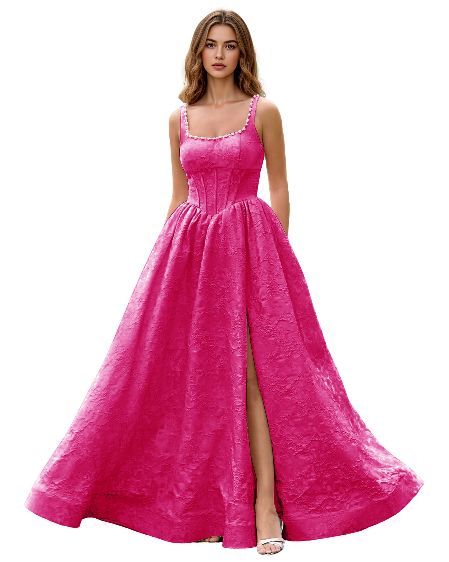 Square Neck Jacquard Ball Gown Prom Dress with Wide Straps and Pockets