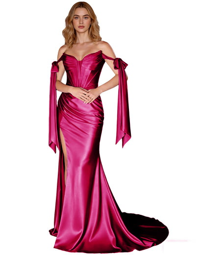 Off Shoulder Satin Mermaid Prom Dress with Detachable Long Sleeves