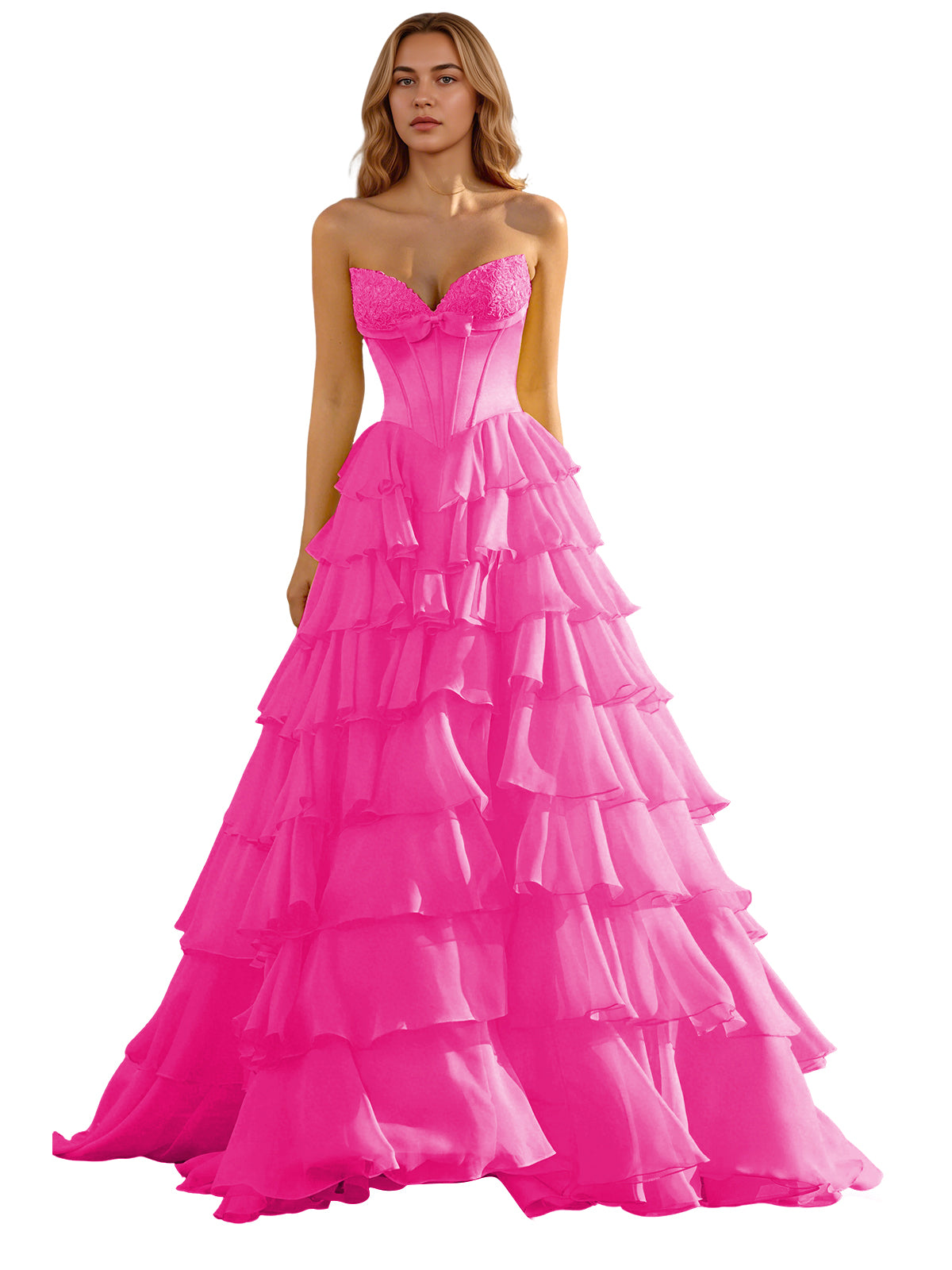 Strapless Tiered Organza Ball Gown Prom Dress with Corset Top