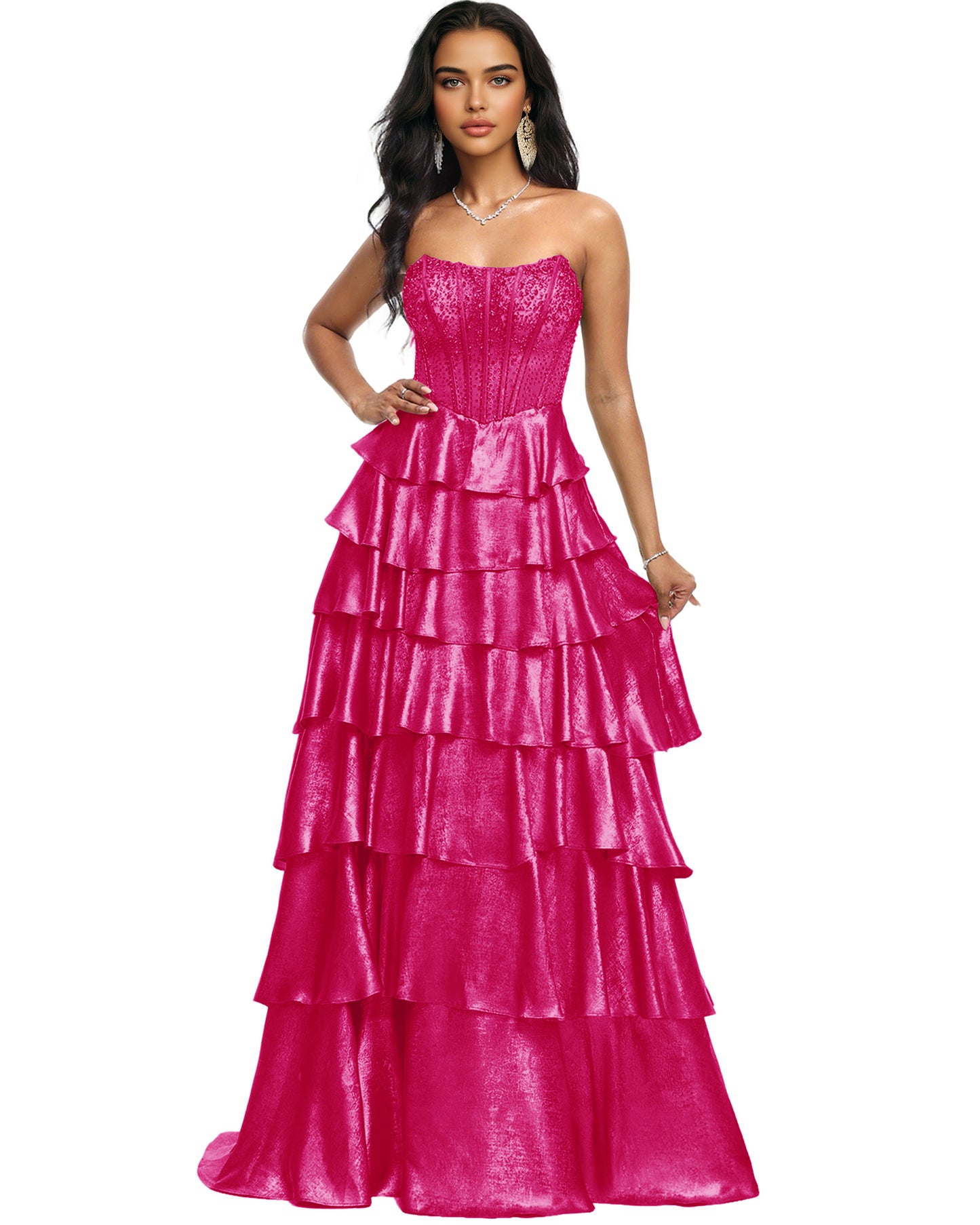 Strapless Tiered Sequin A-Line Prom Dress with Ruffle Layers