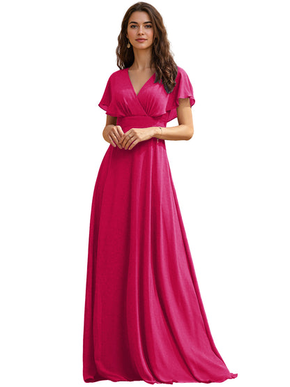 Flutter Sleeve V-Neck Chiffon Bridesmaid Dress with Flowing dress